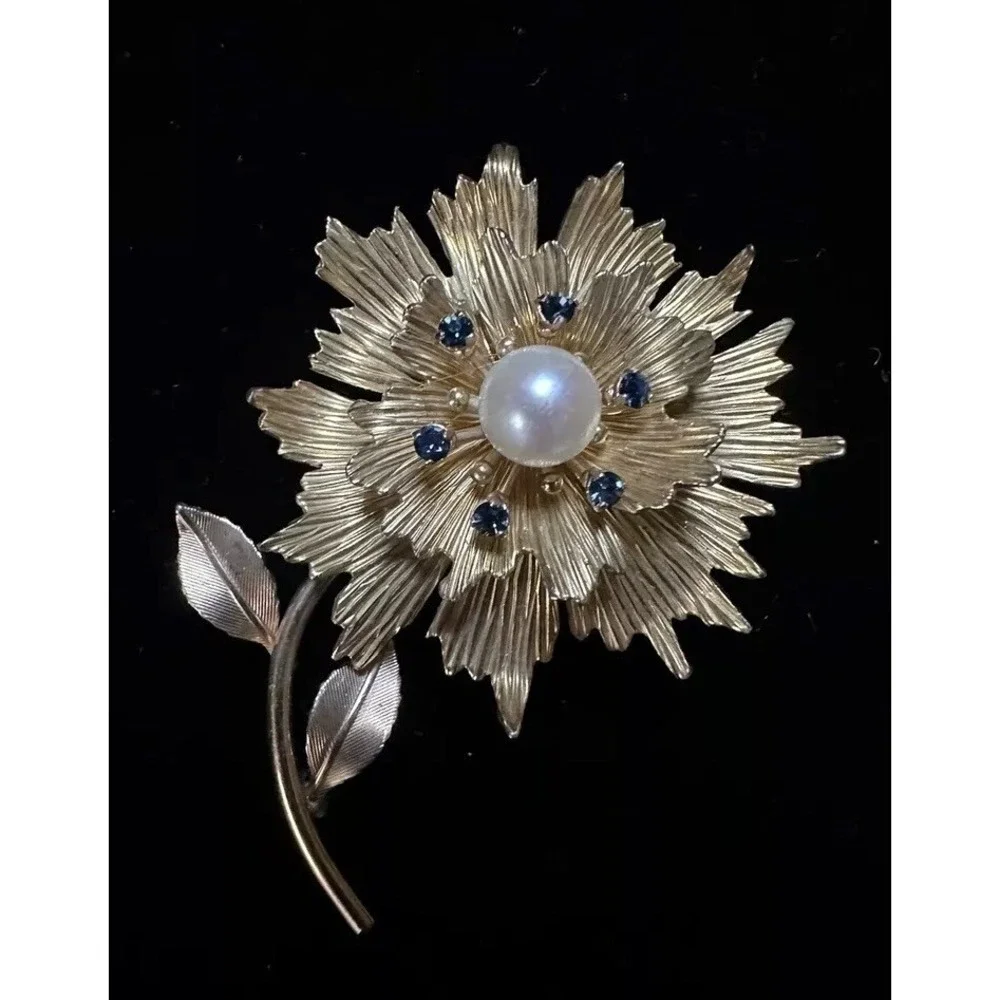 Vintage Krementz Flower Brooch Gold Overlay, Cultured Pearl & Blue Sapphires